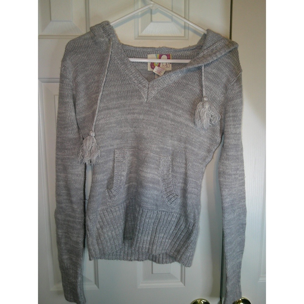 Vintage OP Gray Knit Hoodie Sweater V-Neck Long Sleeve Pouch Front Size M